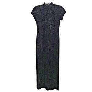 VTG Cheongsam Qipao Gown Womens Sz 4P Black Velvet Sparkle Mandarin Maxi Dress